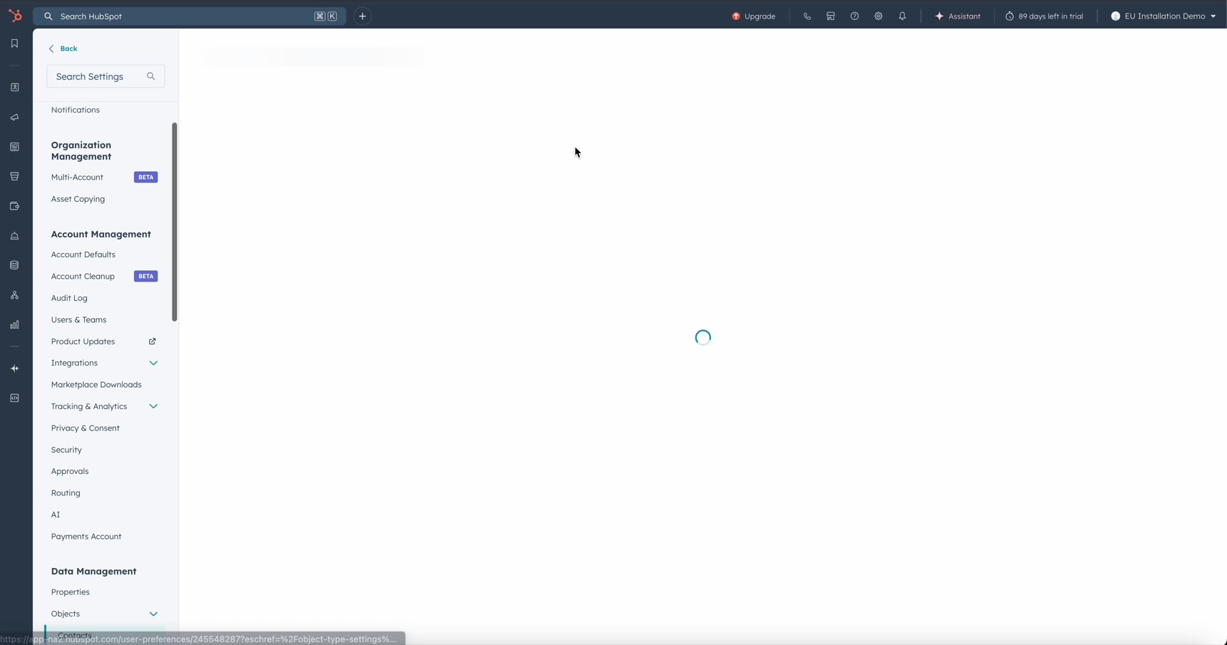 HubSpot Settings - Data Management - Objects