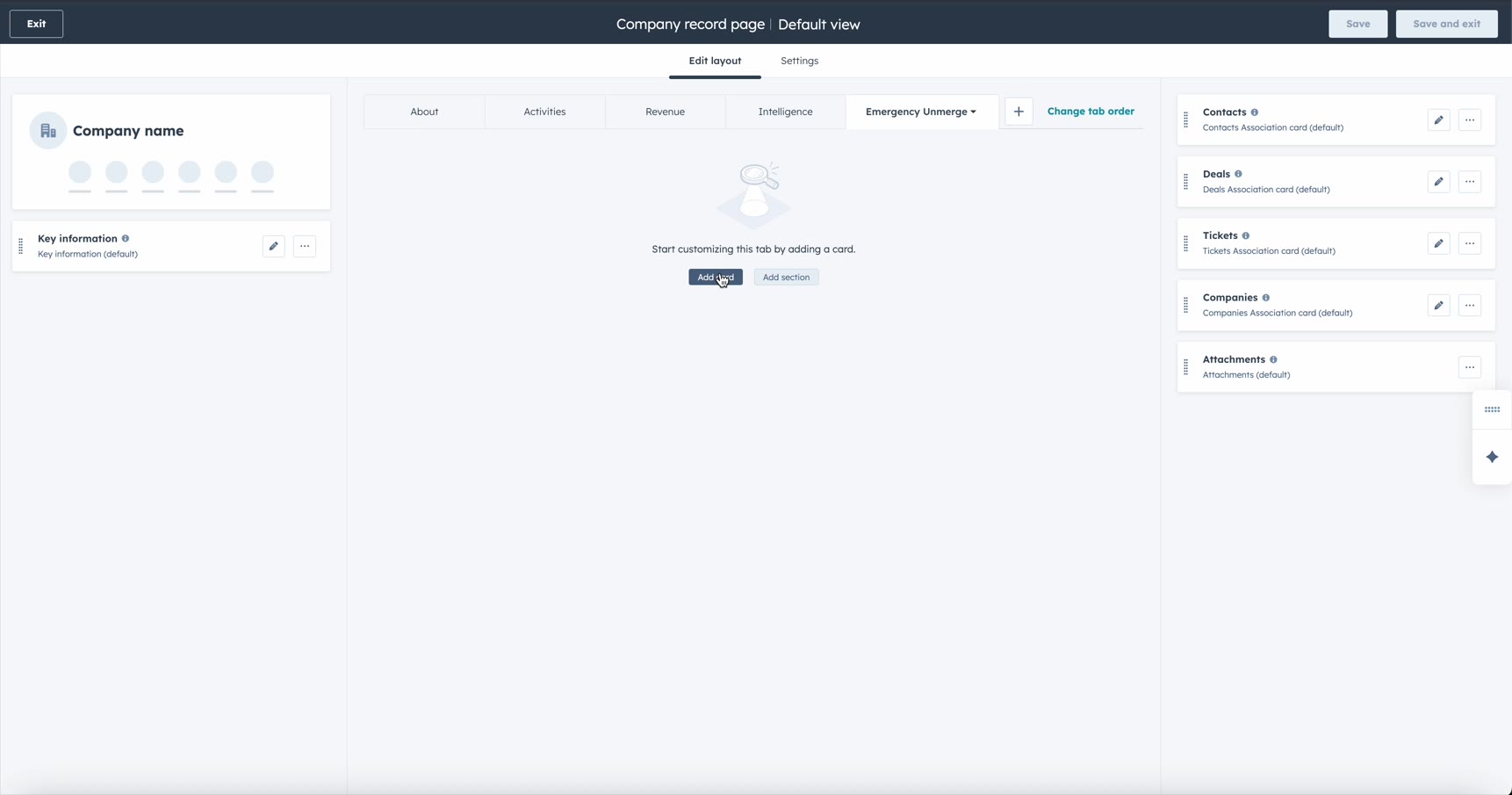 Creating a new Emergency Unmerge tab on the Company record page