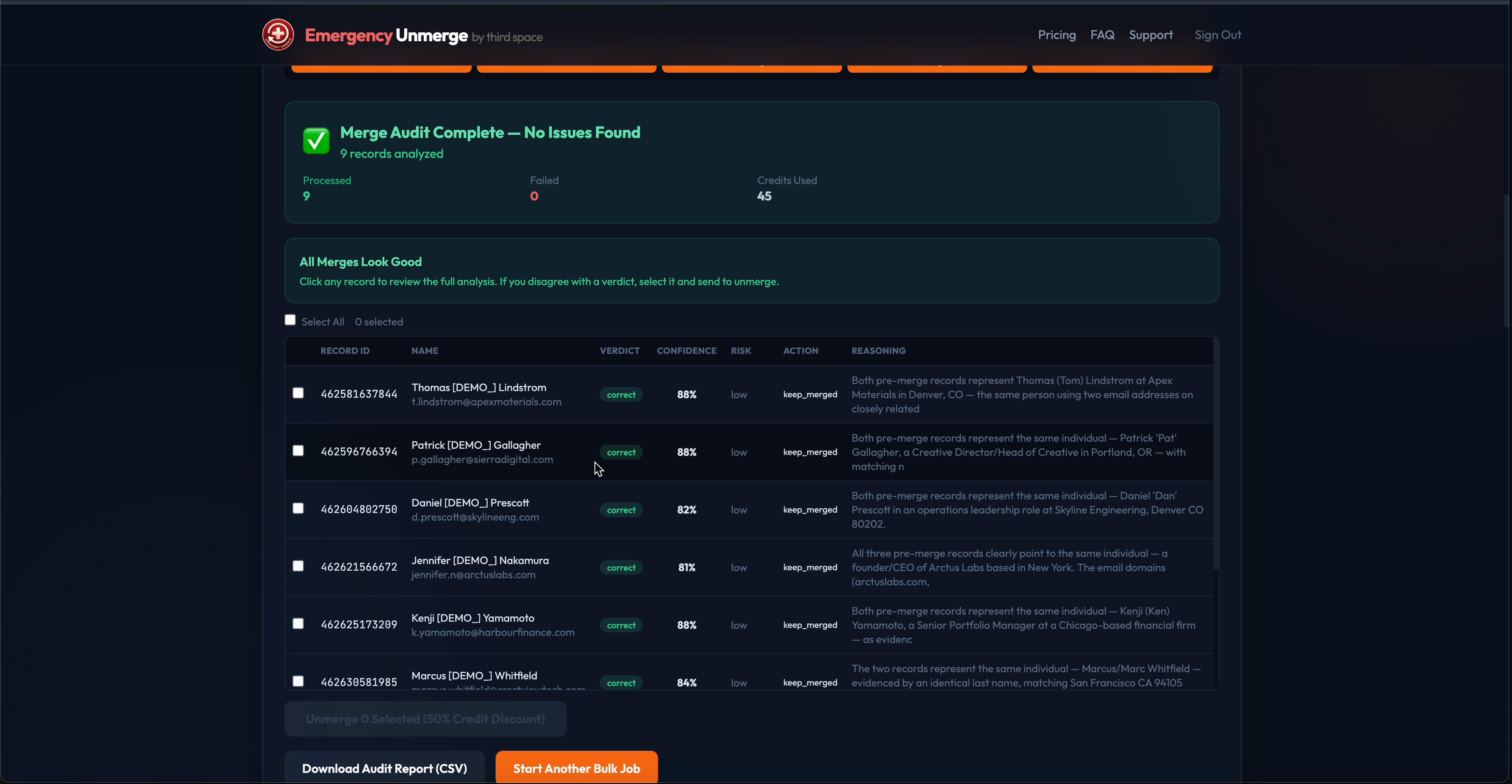 Merge audit results showing per-record analysis with confidence scores and conversion option