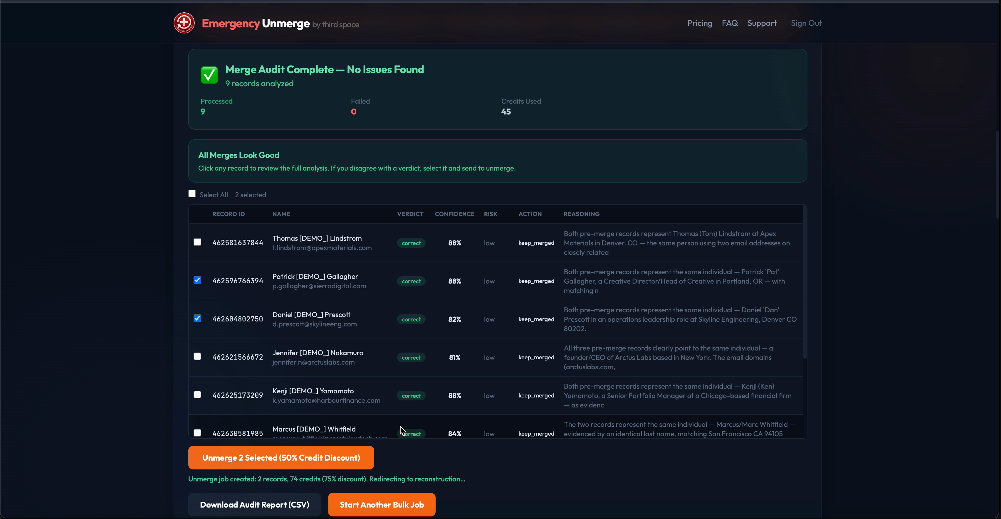 Bulk unmerge dashboard showing batch progress, per-record status, and credit usage