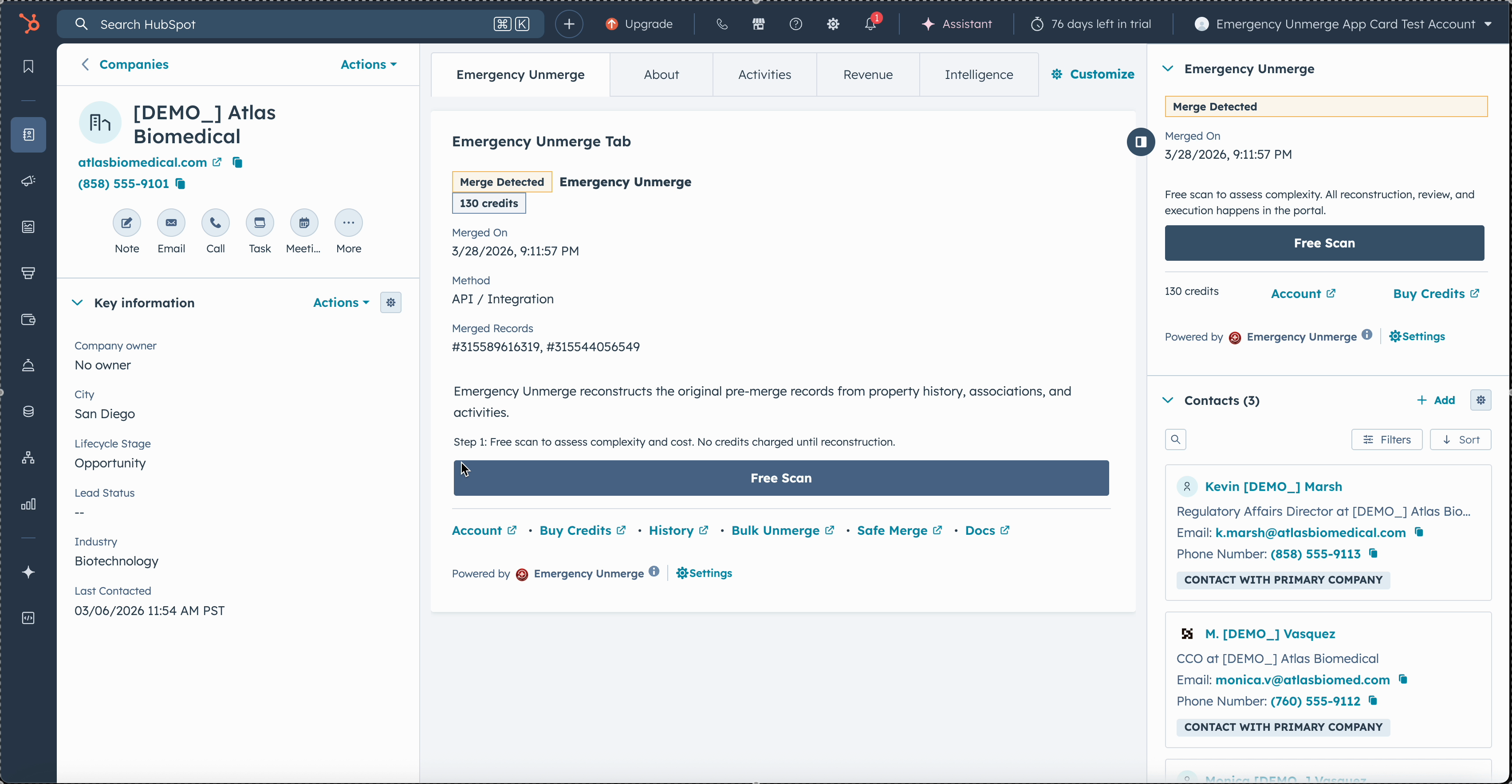 Emergency Unmerge CRM cards showing merge detected on a HubSpot record with tab card and sidebar card
