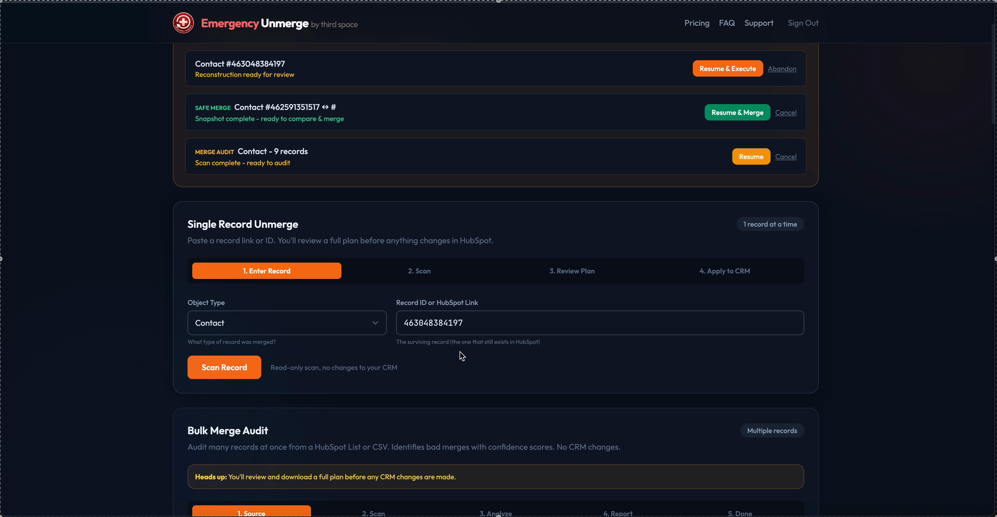 Emergency Unmerge portal showing single record unmerge, bulk merge audit, and operation history