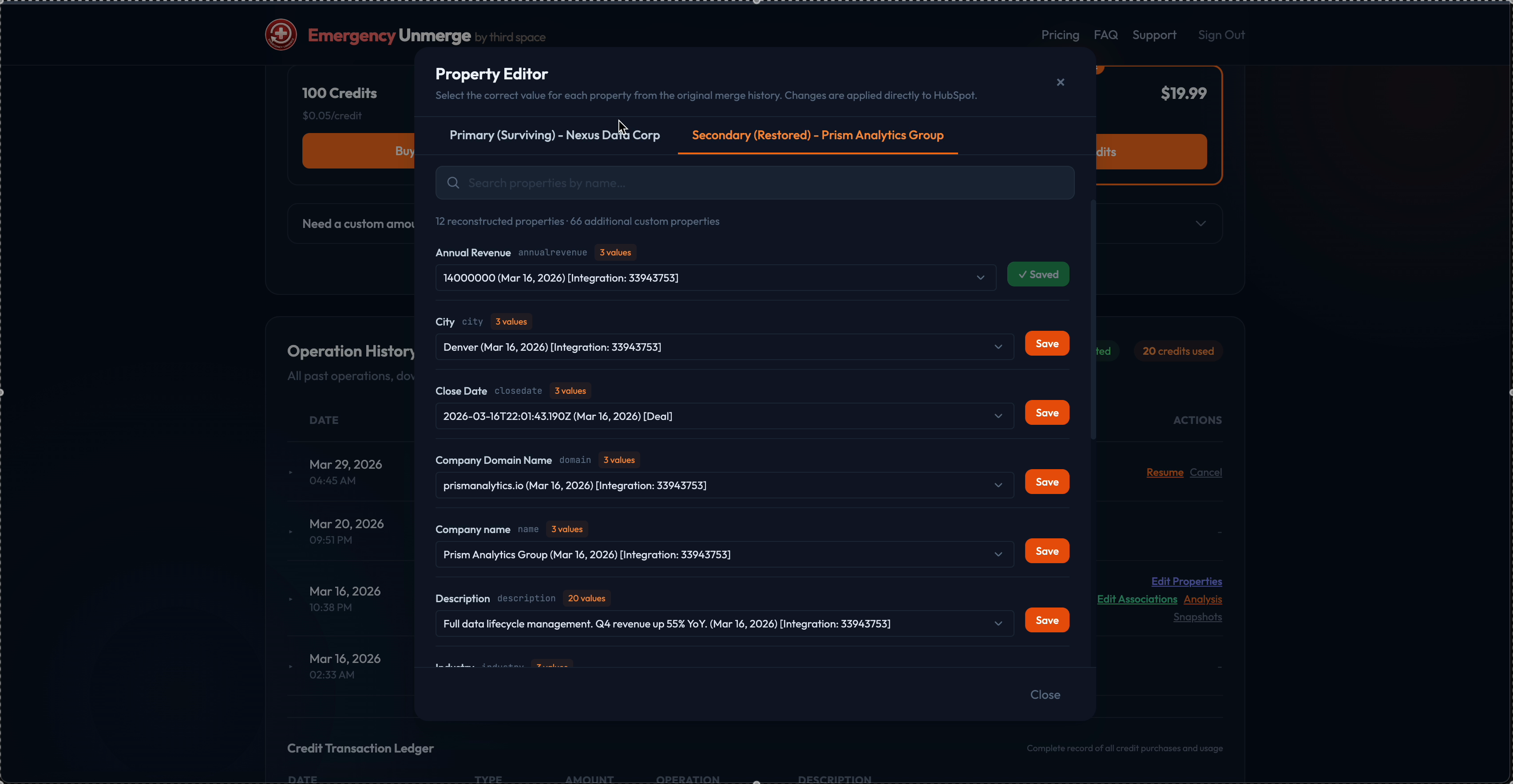 Property Editor showing historical values from before the merge, with dropdowns to pick the correct value and save directly