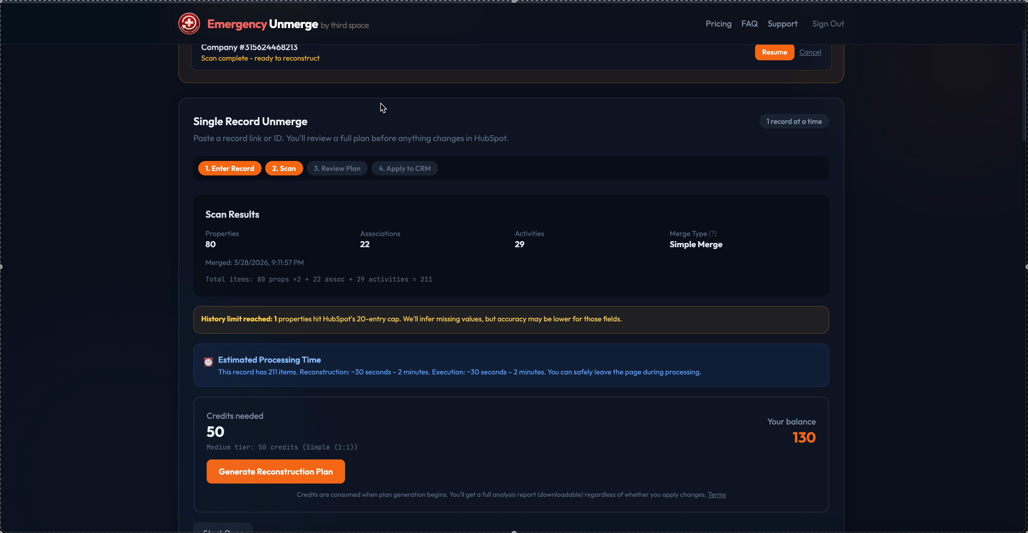 Emergency Unmerge scan results showing complexity assessment, associations, and exact credit cost