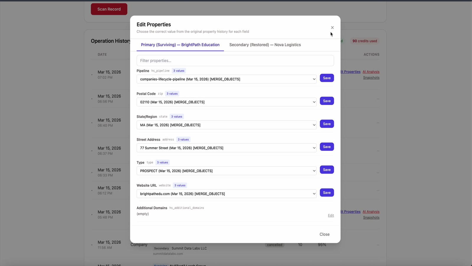 Property Editor showing historical values from before the merge, with dropdowns to pick the correct value and save directly