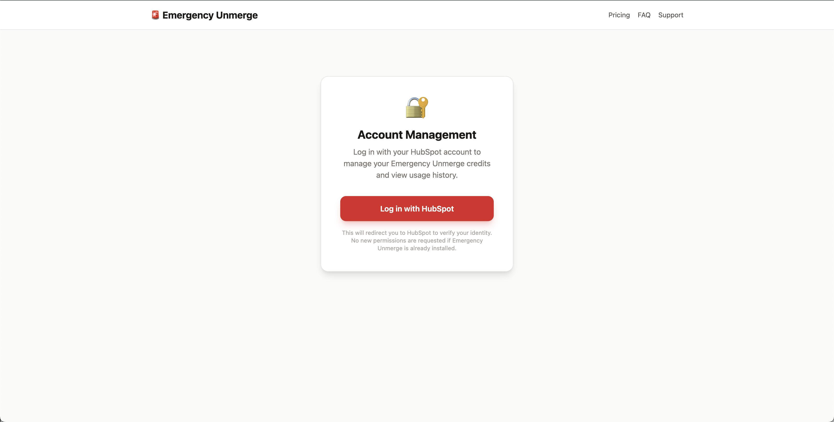 Emergency Unmerge login page — click Log in with HubSpot to authenticate