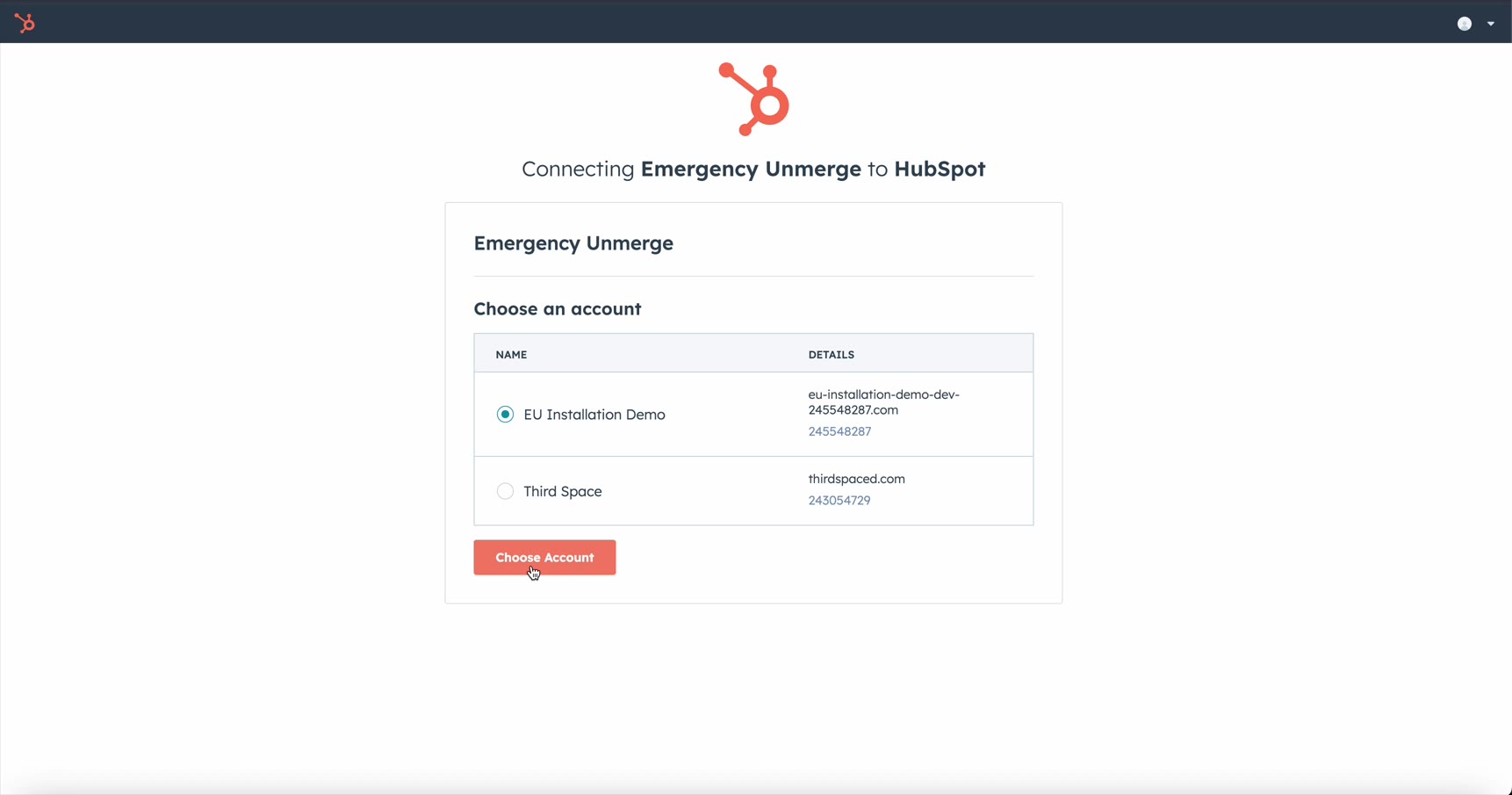 HubSpot account selector — Connecting Emergency Unmerge to HubSpot