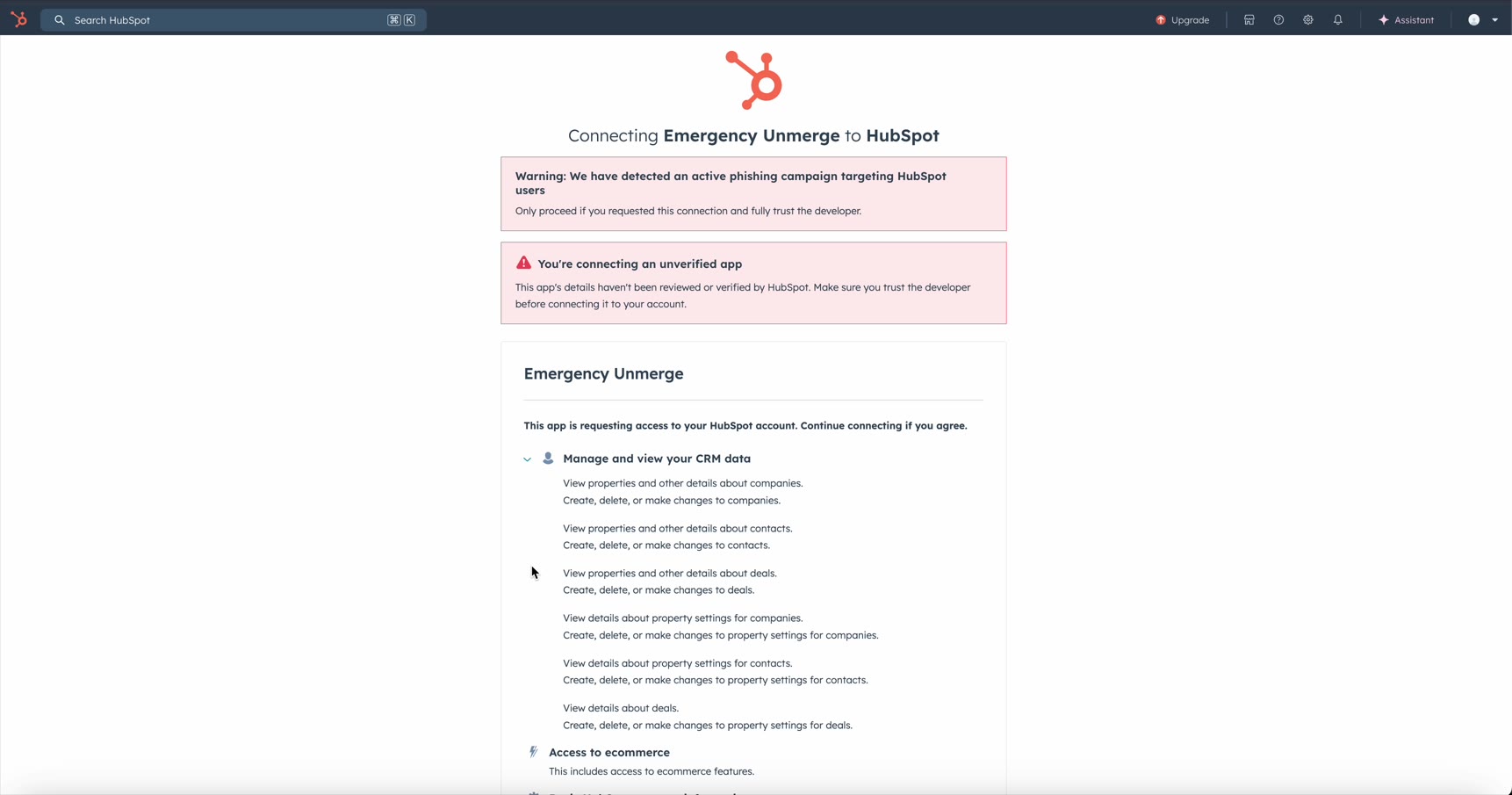 HubSpot OAuth permissions screen showing Emergency Unmerge required scopes