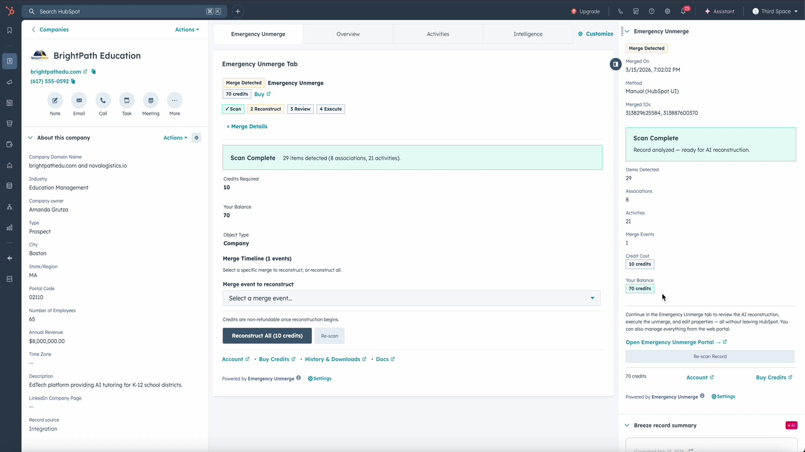 Emergency Unmerge scan results showing both the tab card and sidebar card on a merged company record