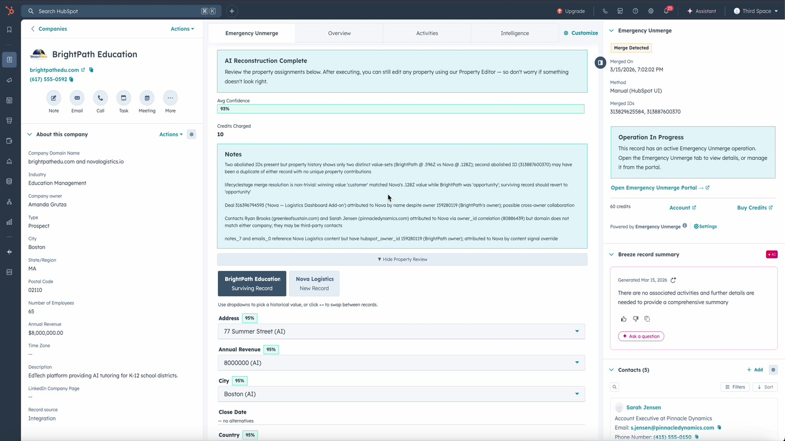 AI reconstruction review with confidence scores and property assignments for each field
